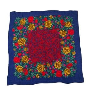 Vintage Albert Nipon Floral Square Scarf Blue Red Gold Designer Silk Feel 0734